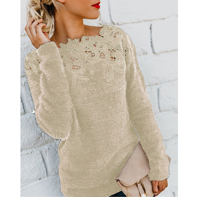 Pullover Mit Spitzenbesatz - Rundhalsausschnitt