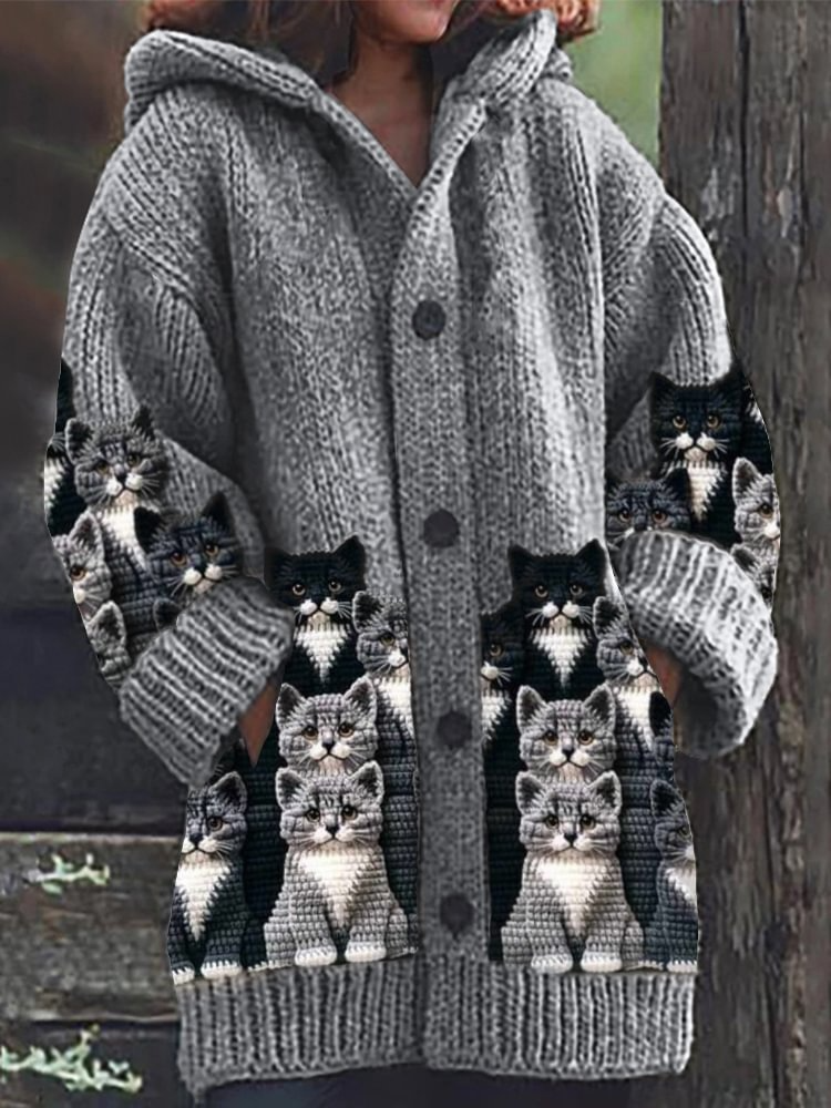 Strickjacke Mit Kapuze - Katzenmotiv