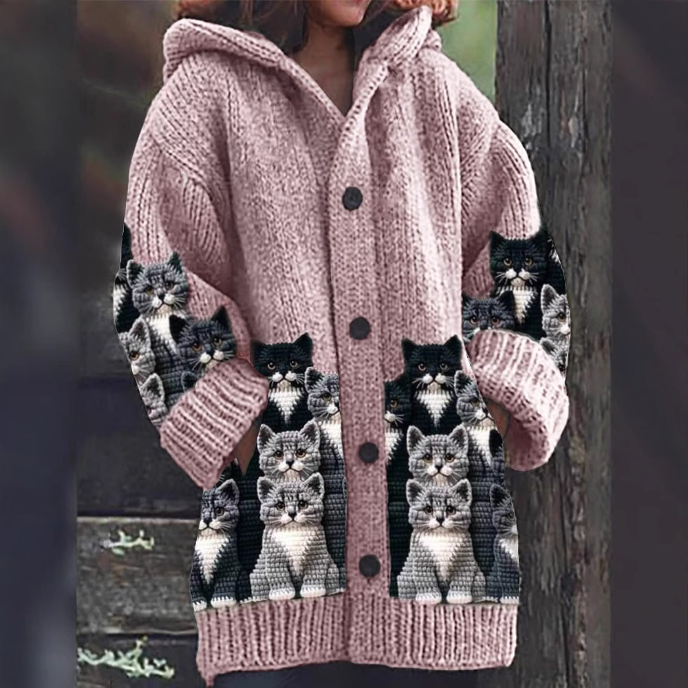 Strickjacke Mit Kapuze - Katzenmotiv