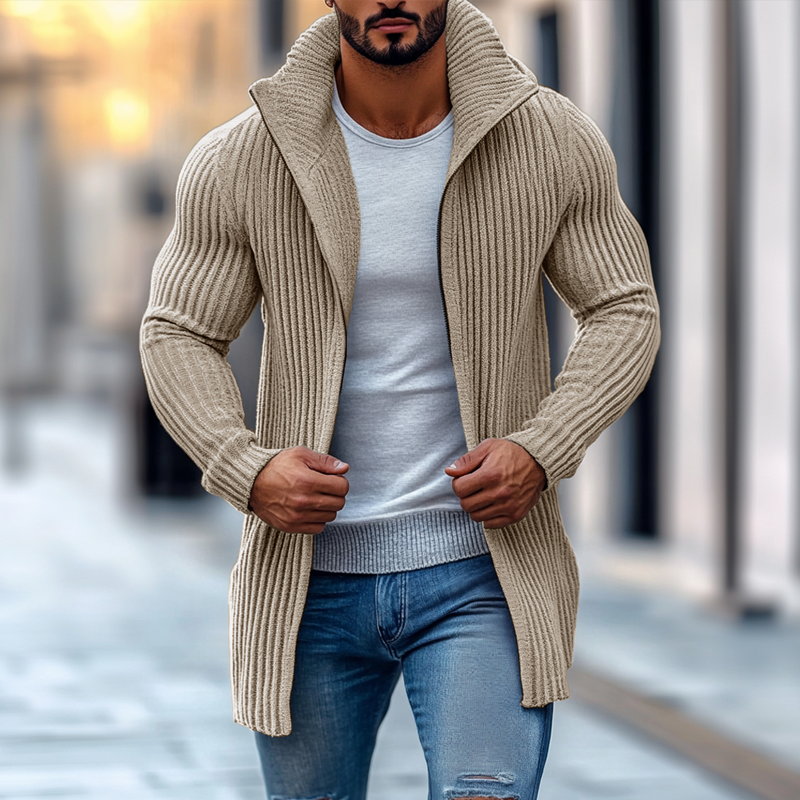 Langer Gerippter Schnitt - Strickjacke Mit Stehkragen