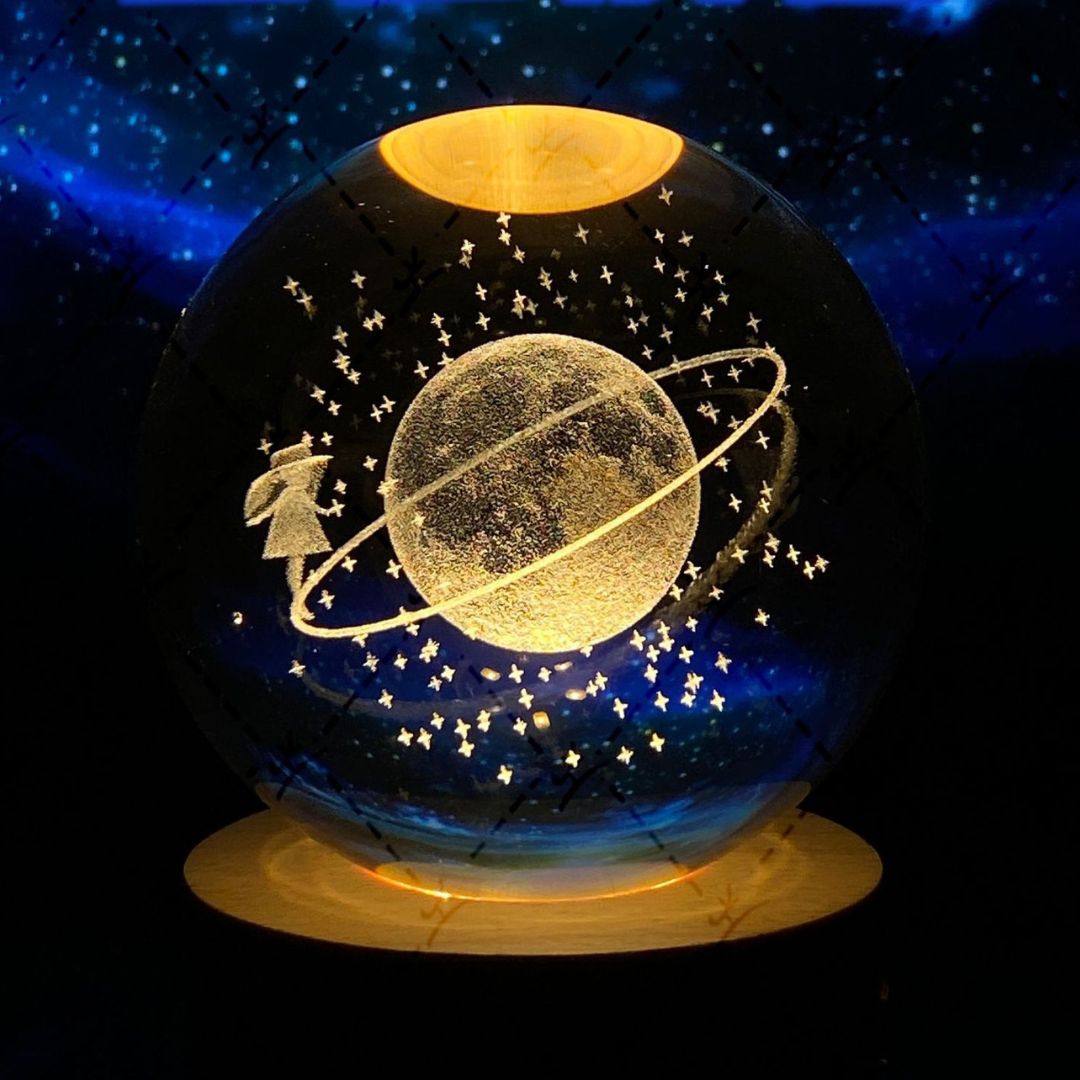 Leuchtende Mondkristallkugel | Nachtlicht Mit Holzsockel USB Aufladbar