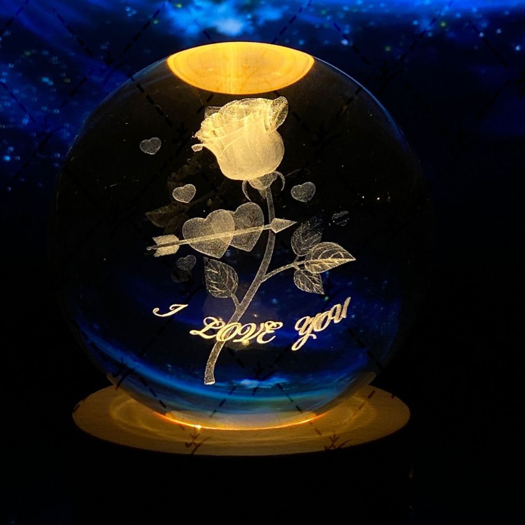 Leuchtende Mondkristallkugel | Nachtlicht Mit Holzsockel USB Aufladbar