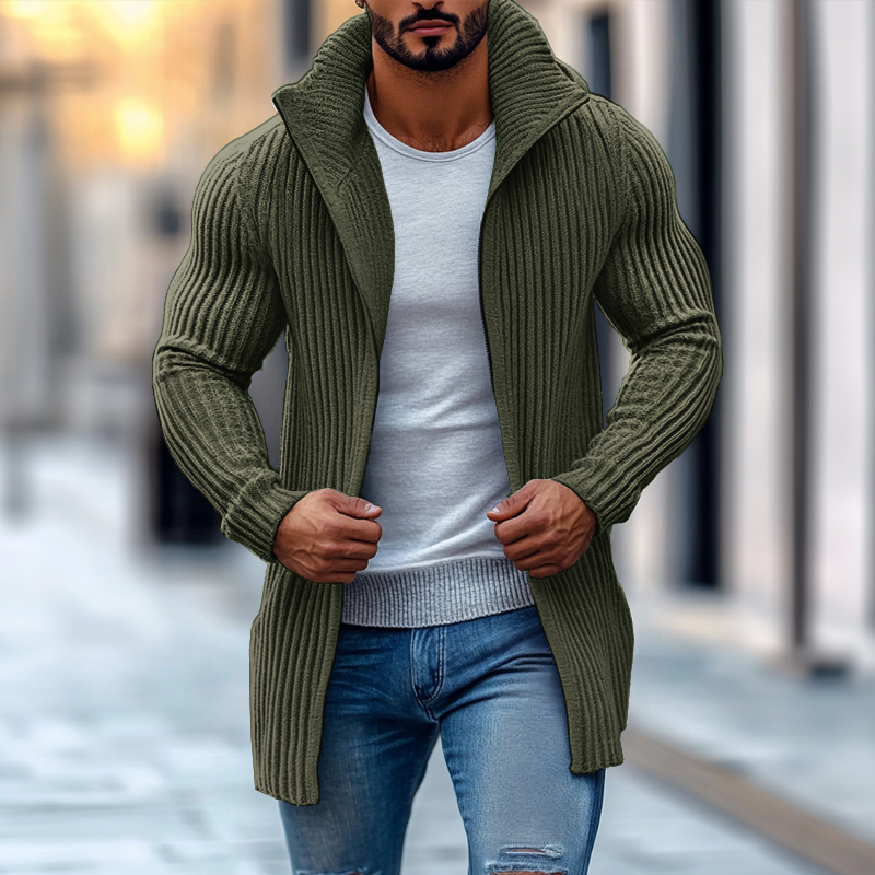 Langer Gerippter Schnitt - Strickjacke Mit Stehkragen