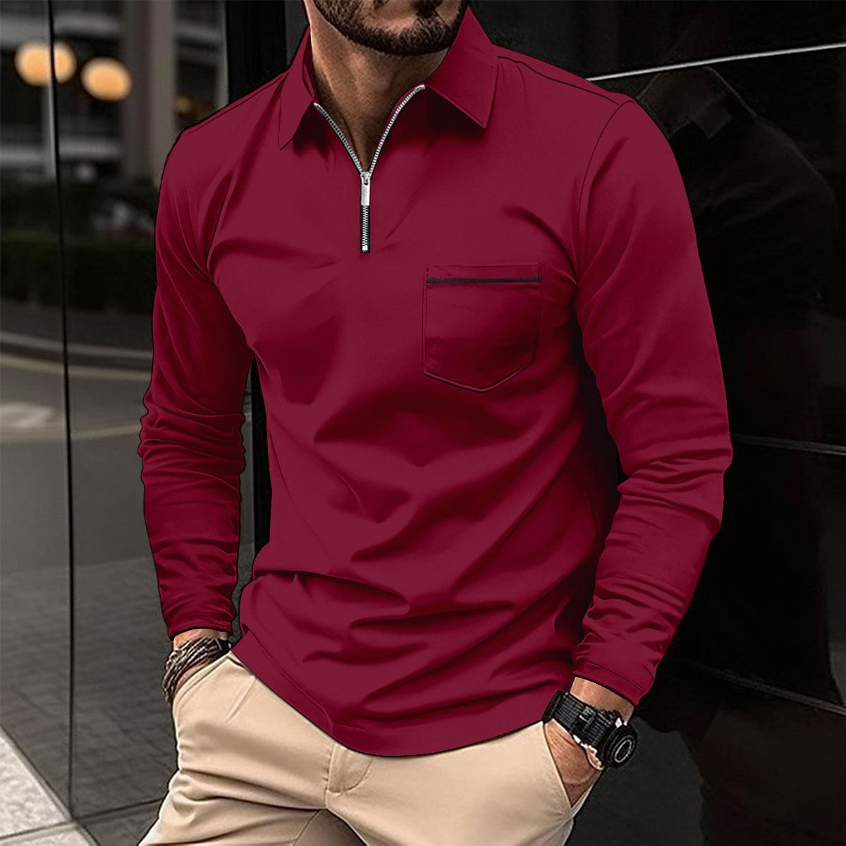 Langarm Polo Shirt | Reißverschluss Und Brusttasche