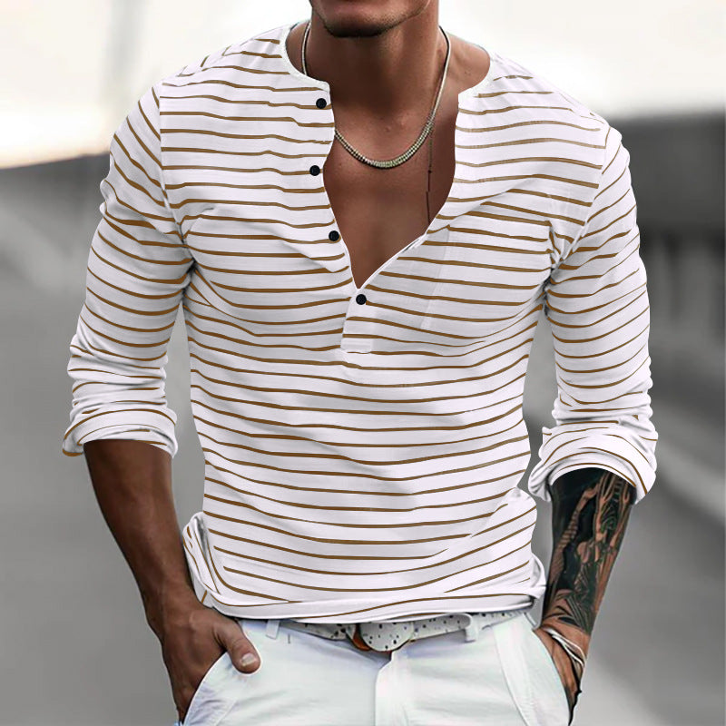 Langarm T Shirt | Gestreift Knopfleiste