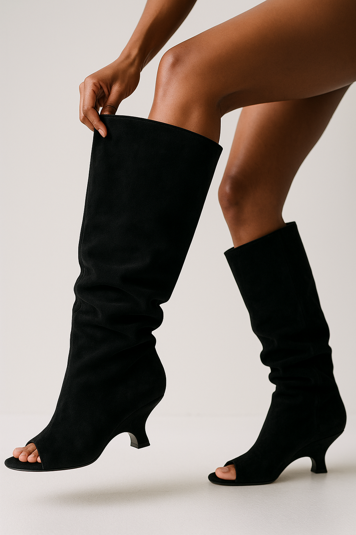 Freizeit Stiefel mit Keilabsatz - Offene Spitze Knielang