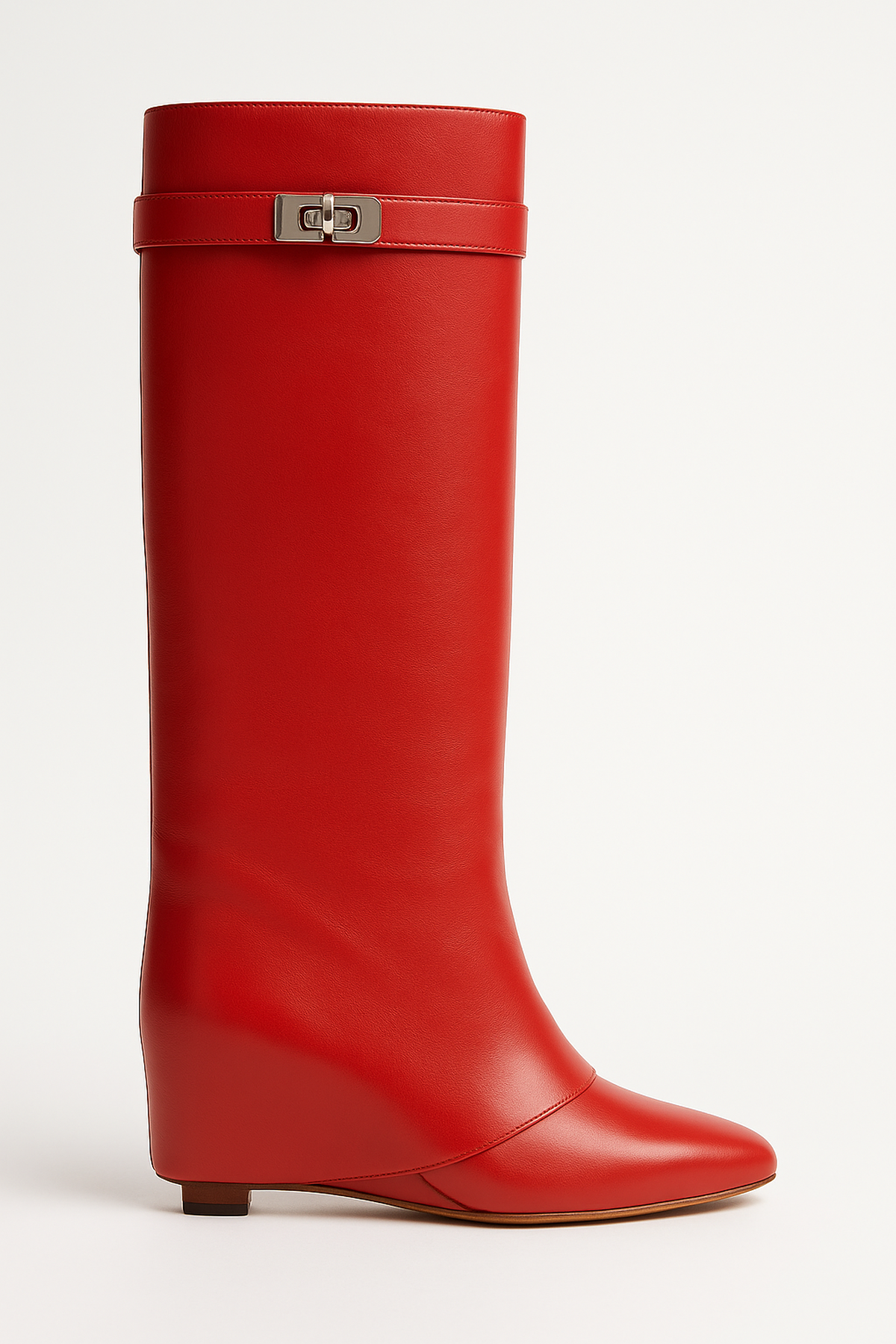 Kniehohe Keilabsatz Stiefel - Schlichte Schnalle am Schaft