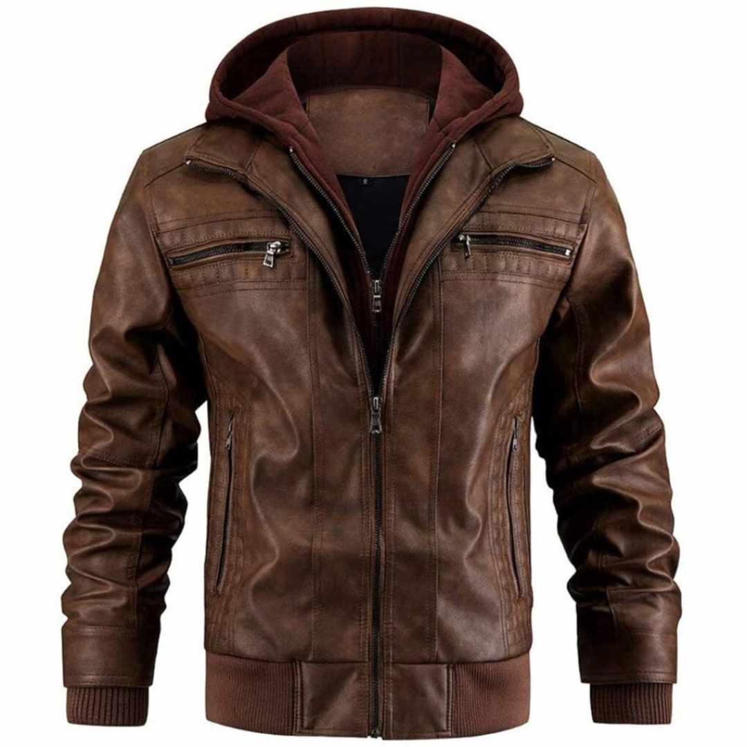 Biker Jacke Herren - Kurz mit Kapuze und Reißverschluss-Details