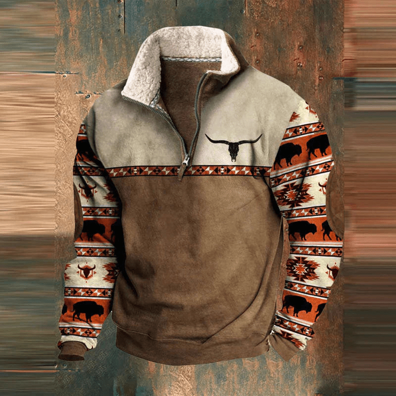 Pullover Mit Musterärmeln - Stehkragen Und Reißverschluss