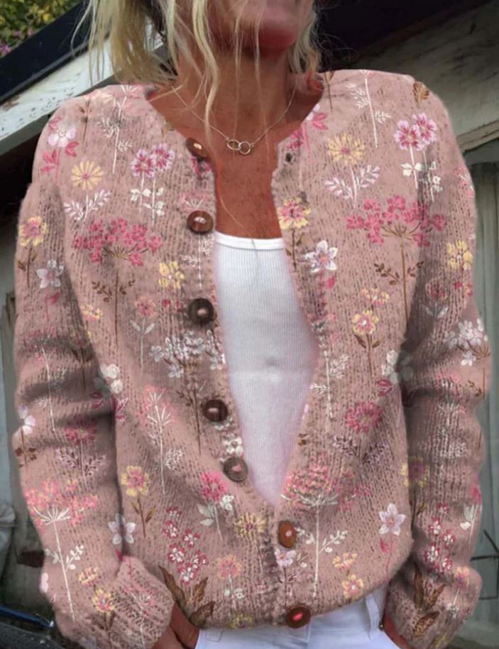 Strickjacke Mit Blumenmuster - Knopfleiste Und Lässiger Schnitt
