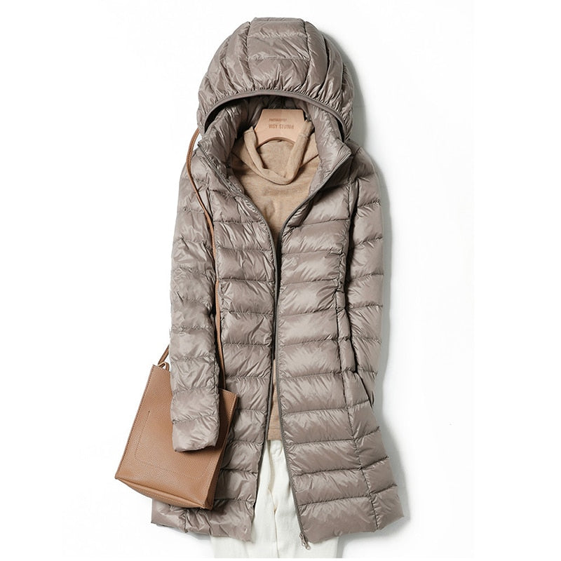 Dauenjacke Lang mit Kapuze | Pufferjacke Figurbetonter Winterstil