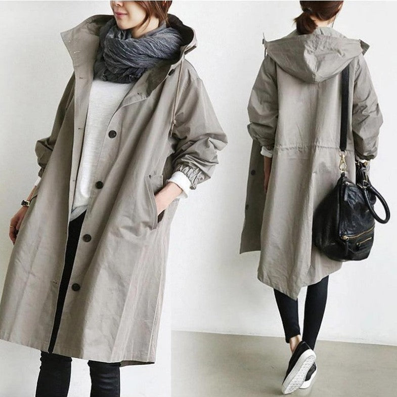 Übergangsjacke Mit Kapuze - Langer Schnitt Und Knopfleiste