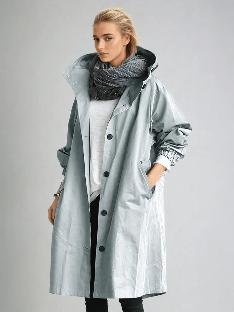 Übergangsjacke Mit Kapuze - Langer Schnitt Und Knopfleiste