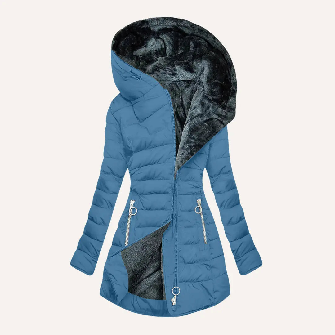 Winter Steppmantel mit Kapuze | Asymmetrischer Reißverschluss
