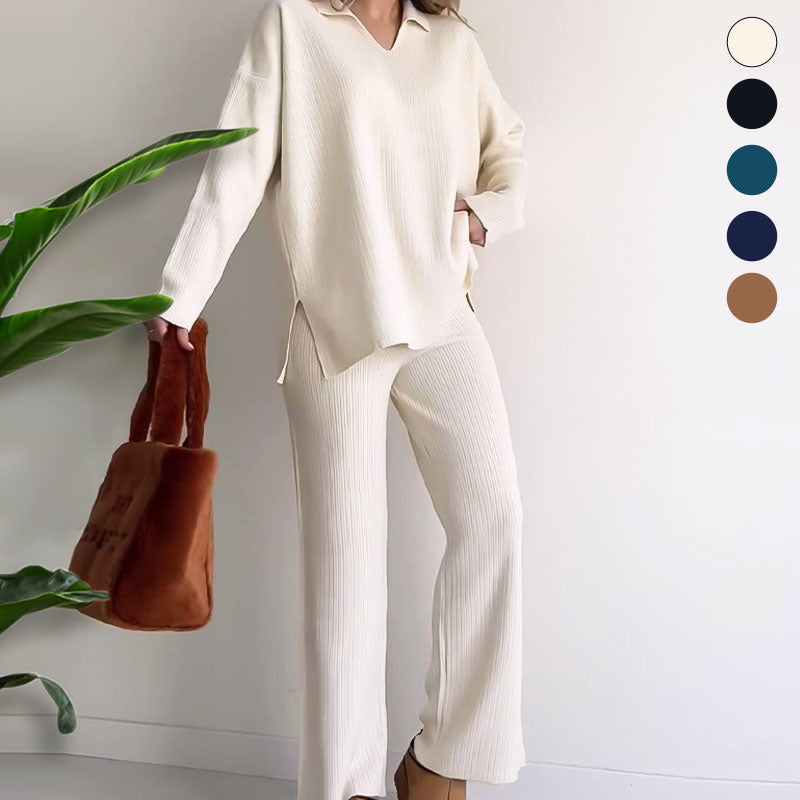 Zweiteiliges Outfit Set | Pullover Knopfleiste Und Hose