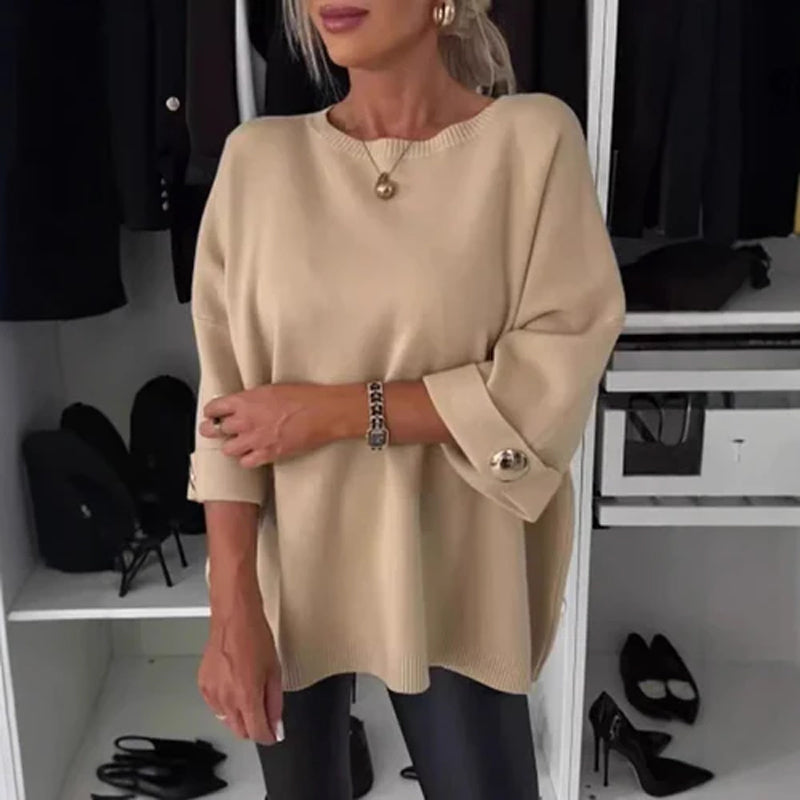 Pullover Mit 3/4 Ärmeln - Weite Passform Mit Knopfdetail
