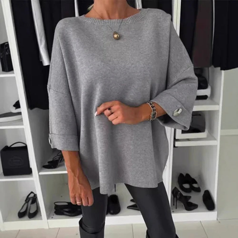 Pullover Mit 3/4 Ärmeln - Weite Passform Mit Knopfdetail