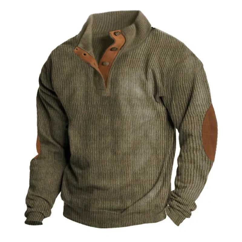 Pullover mit Knopfleiste - Gerippter Schnitt und Ellbogenbesatz