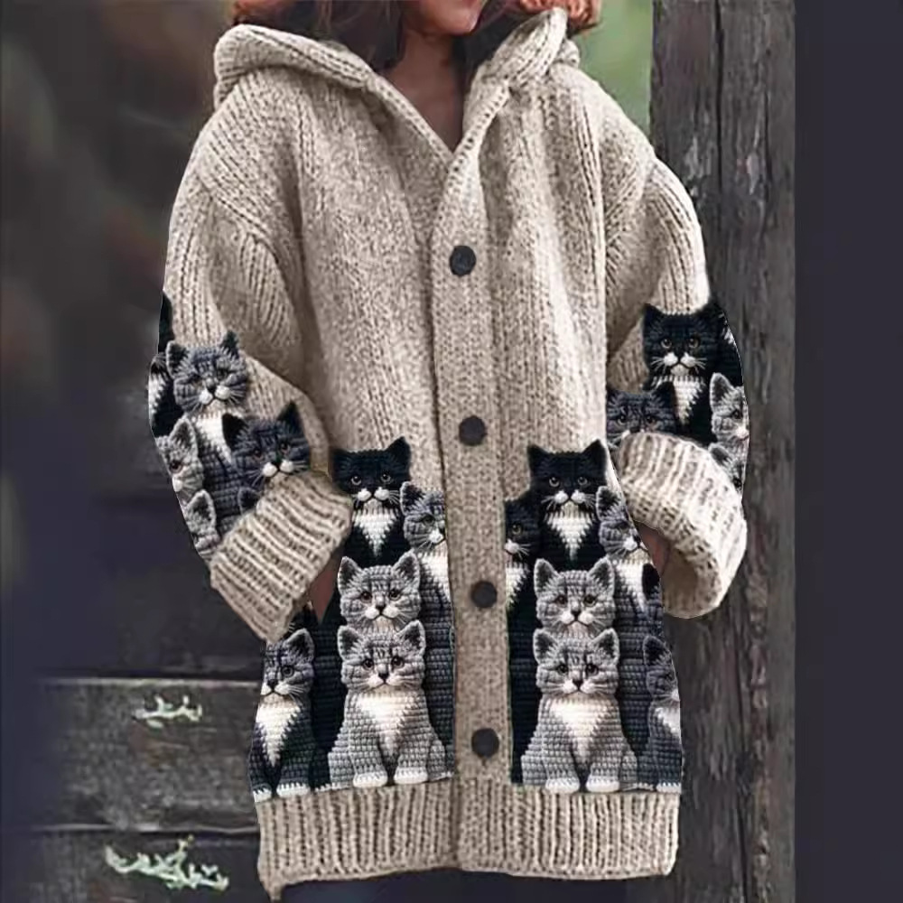 Strickjacke Mit Kapuze - Katzenmotiv