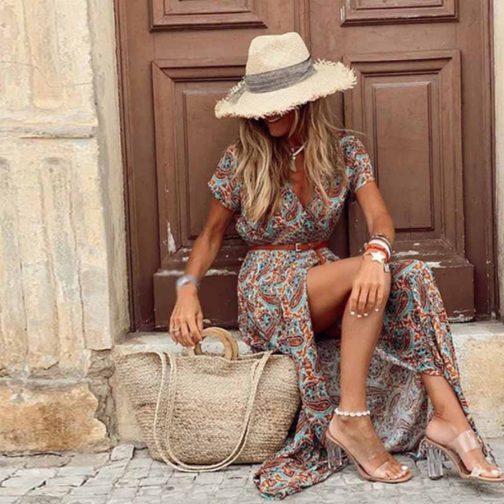 Damen Strand Wickel Maxi Kleid