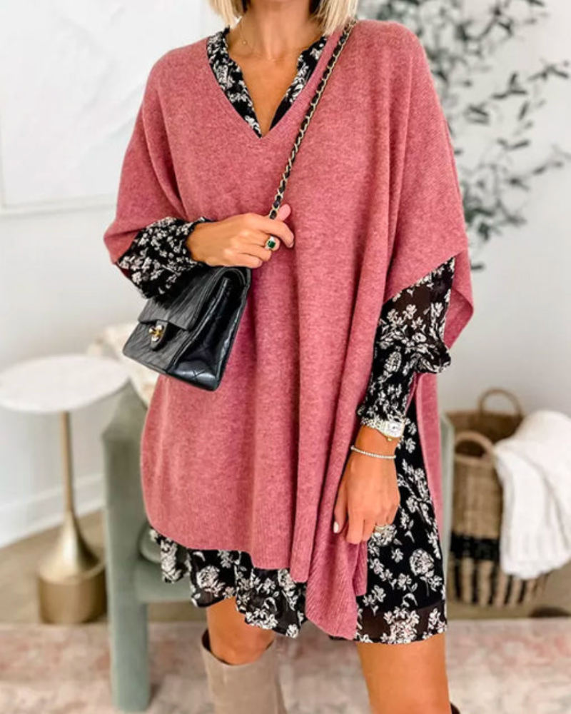 Poncho Pullover | Strickpullover V Ausschnitt Lockerer Schnitt