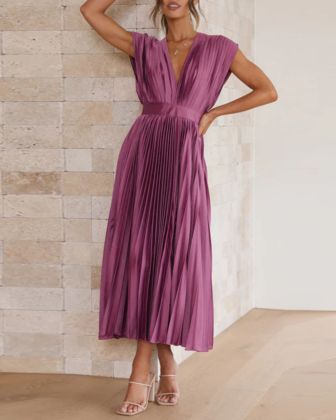 Damen Abend Plissee Maxi Kleid