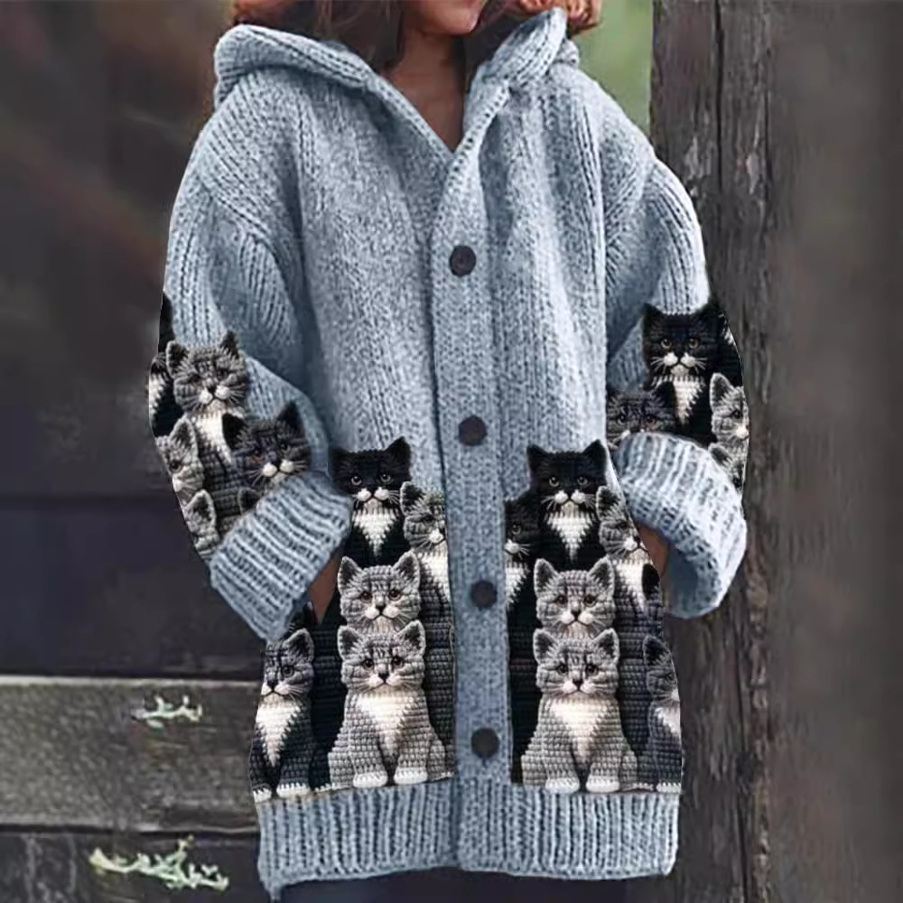 Strickjacke Mit Kapuze - Katzenmotiv
