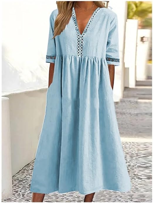 Damen V-Ausschnitt und Spitze Maxi Kleid