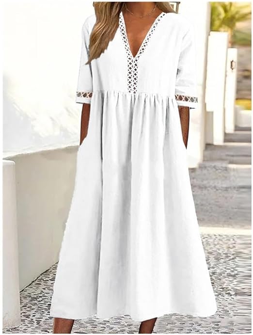 Damen V-Ausschnitt und Spitze Maxi Kleid