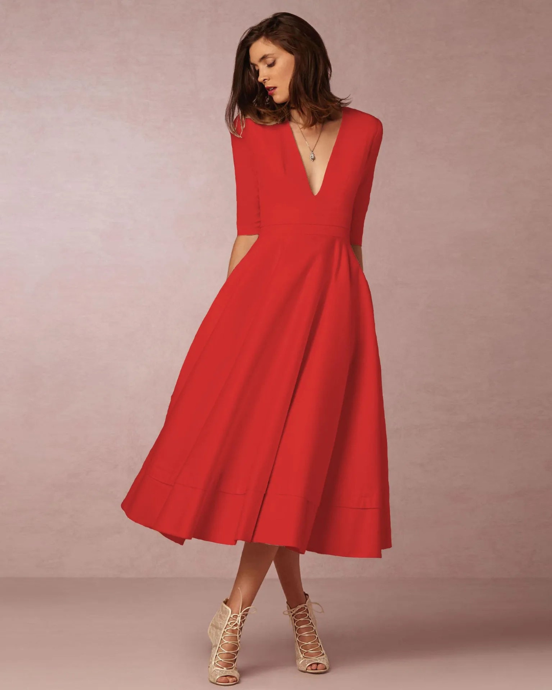 Damen Abend V-Ausschnitt Maxi Kleid