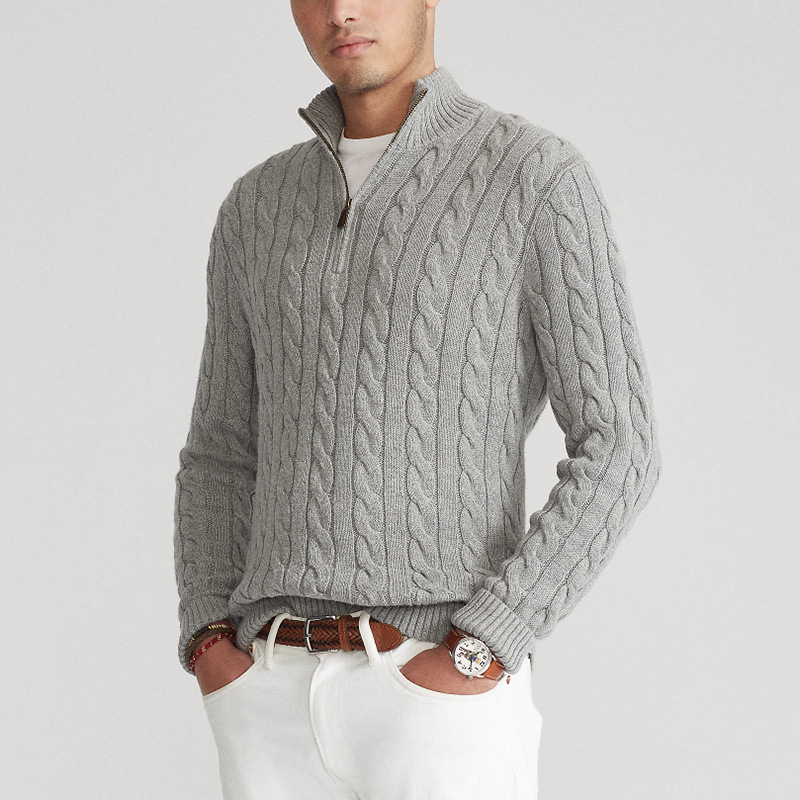 Halbzip Pullover - Zopfmuster mit Stehkragen