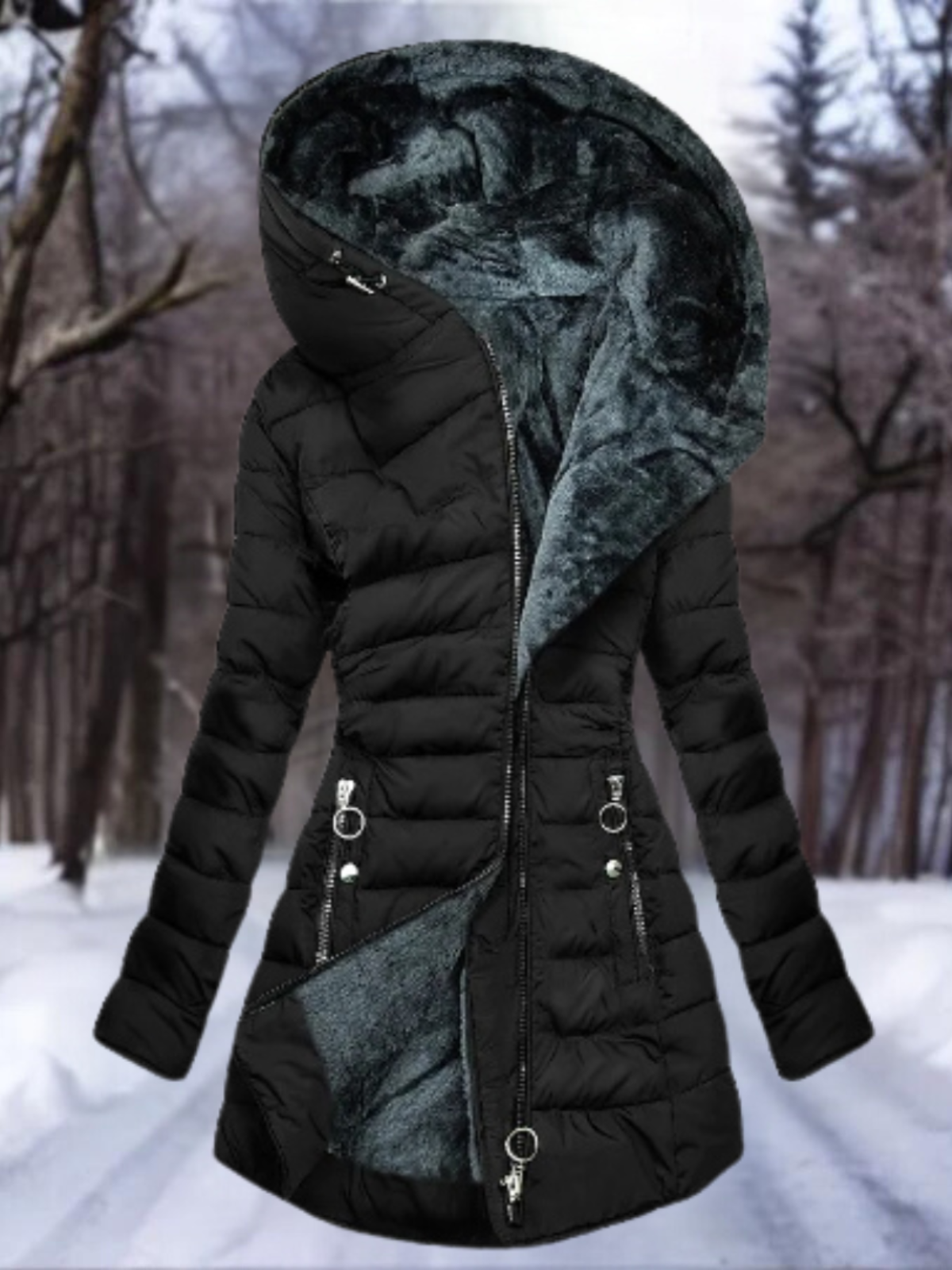 Wintermantel | Langer Steppmantel mit Kapuze