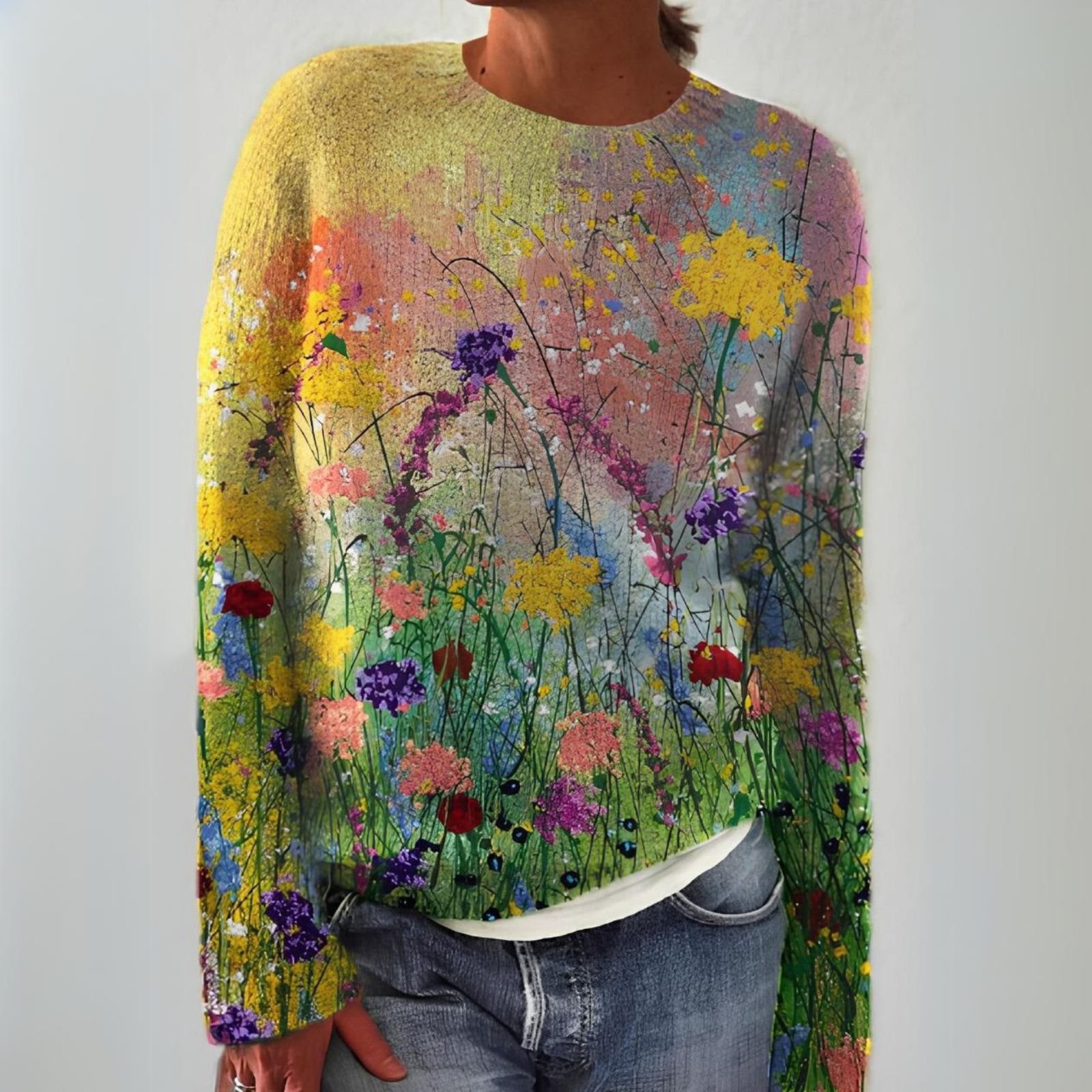 Strickpullover | Pullover Rundhals mit Blumenmuster
