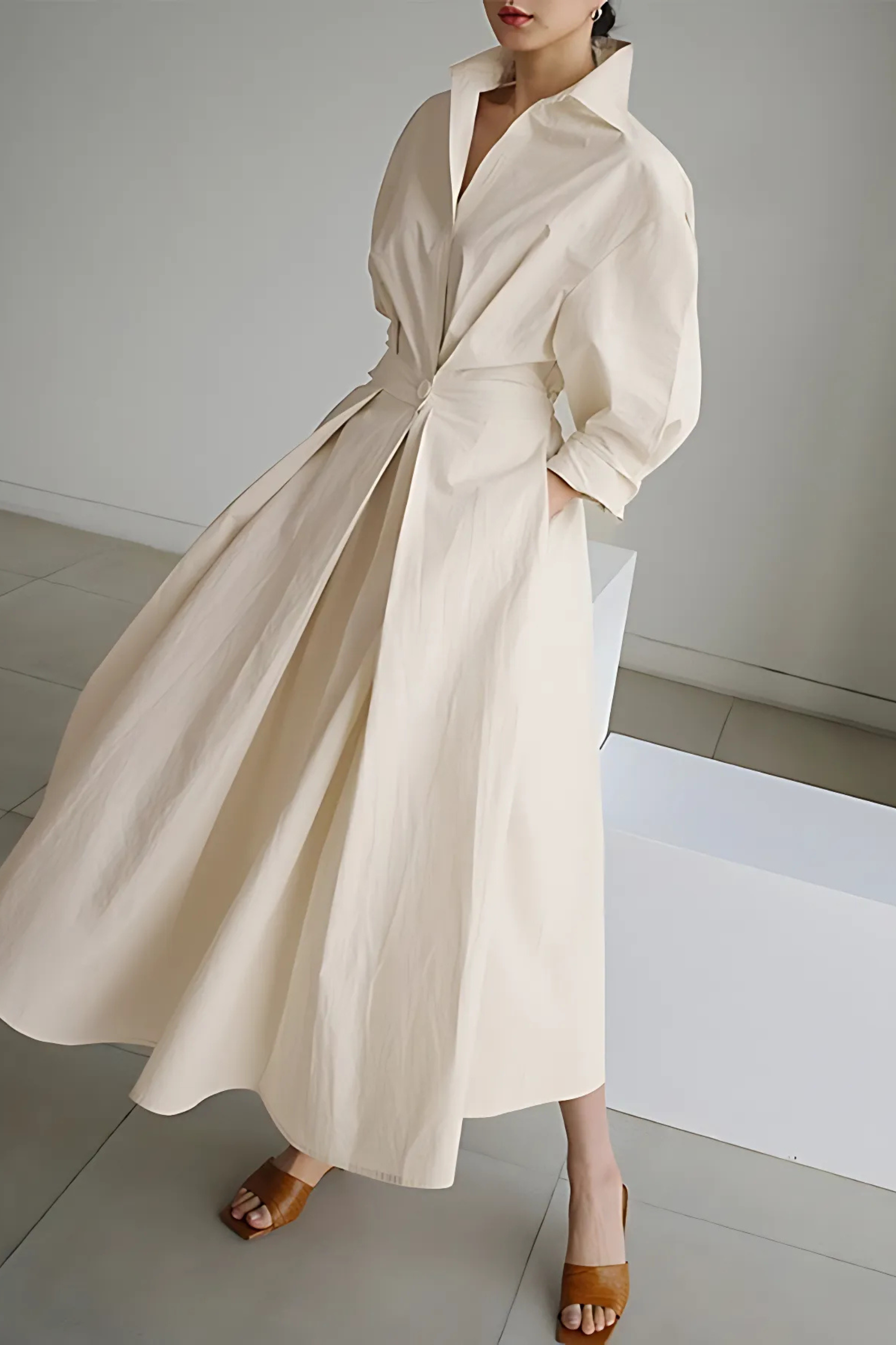 Damen Elegantes Hemdblusen Maxi Kleid
