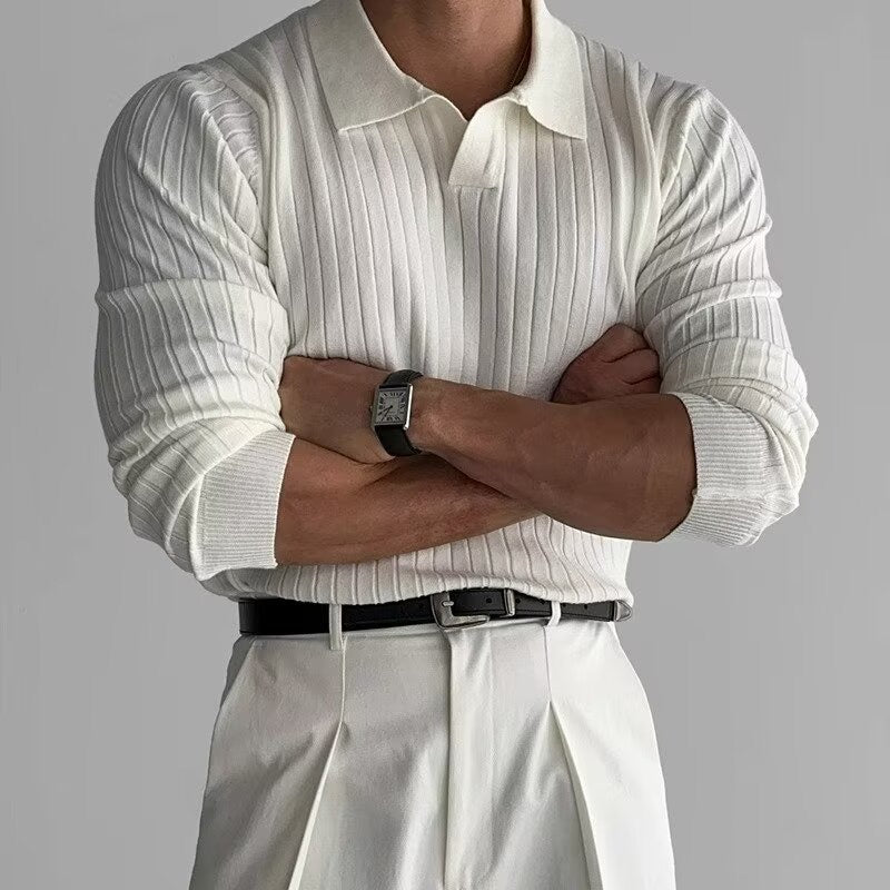 Strick Polo Shirt | Langarm Rippenstruktur