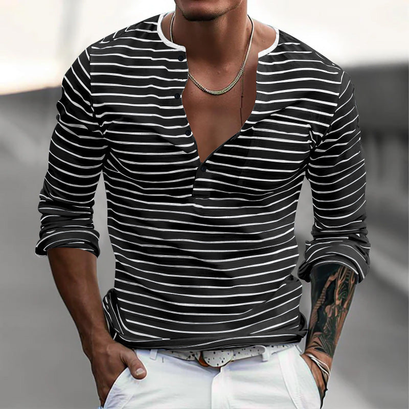 Langarm T Shirt | Gestreift Knopfleiste