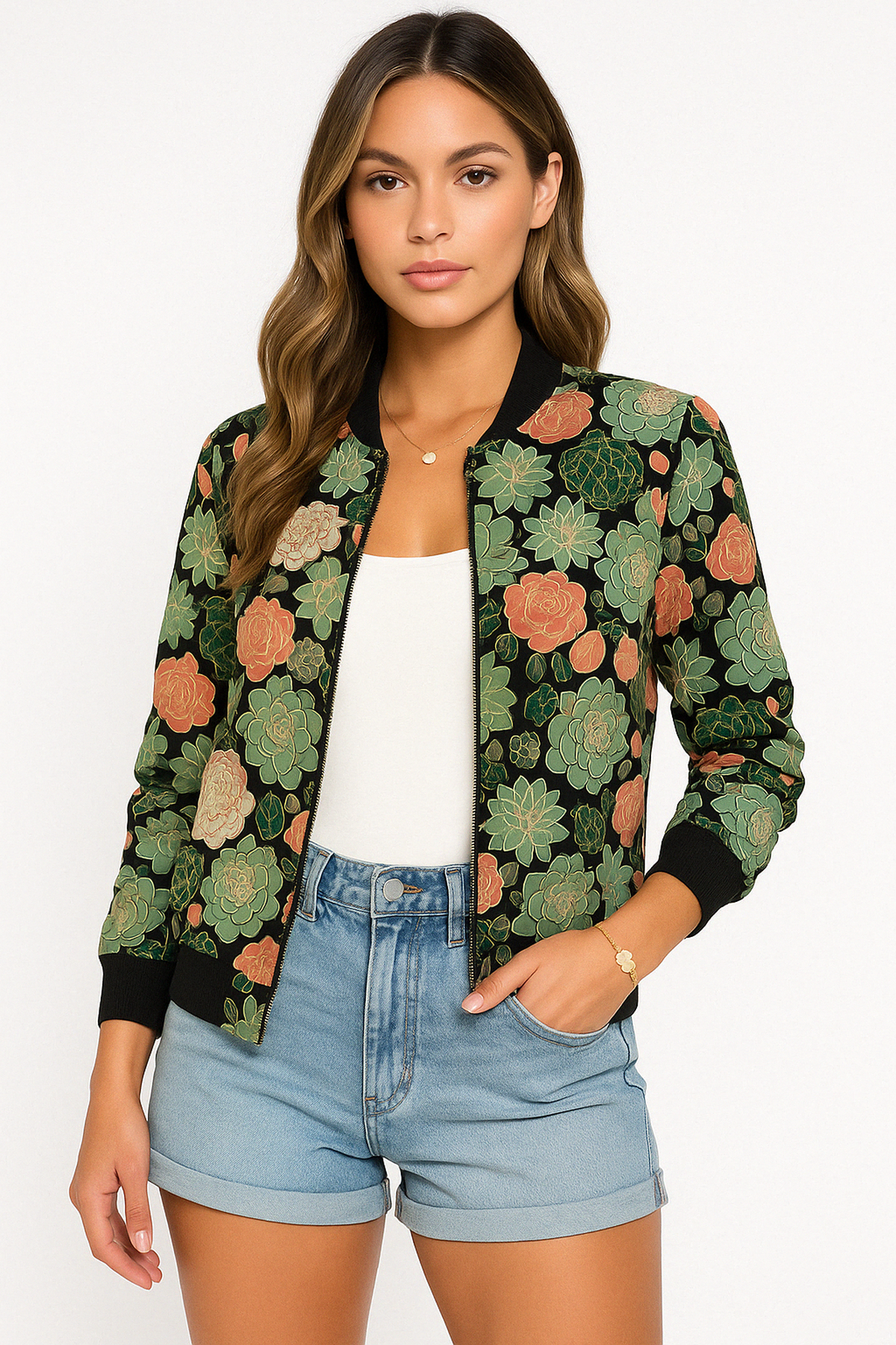 Bomberjacke Kurz - Florales Muster mit Reißverschluss