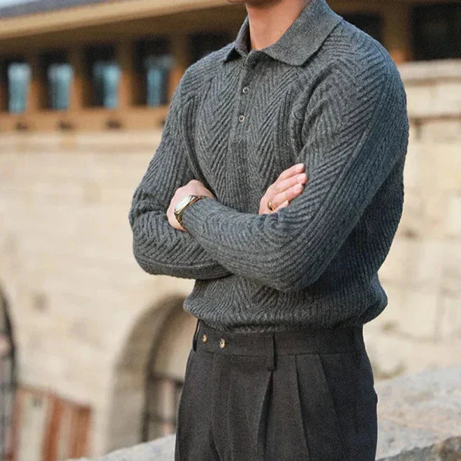 Polo Pullover Langarm - Klassischer Kragen mit Strukturmuster