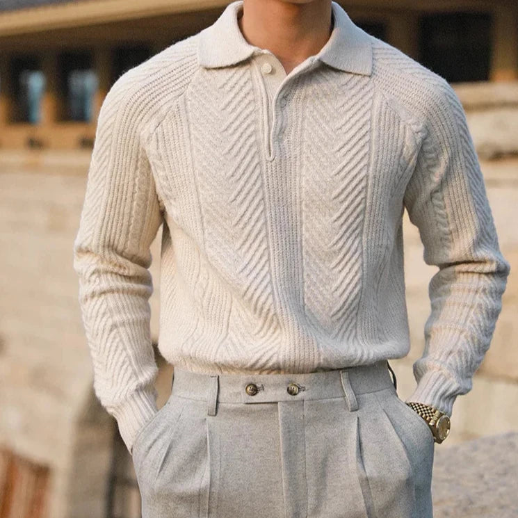 Polo Pullover Langarm - Klassischer Kragen mit Strukturmuster