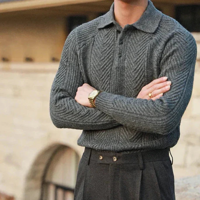 Polo Pullover Langarm - Klassischer Kragen mit Strukturmuster