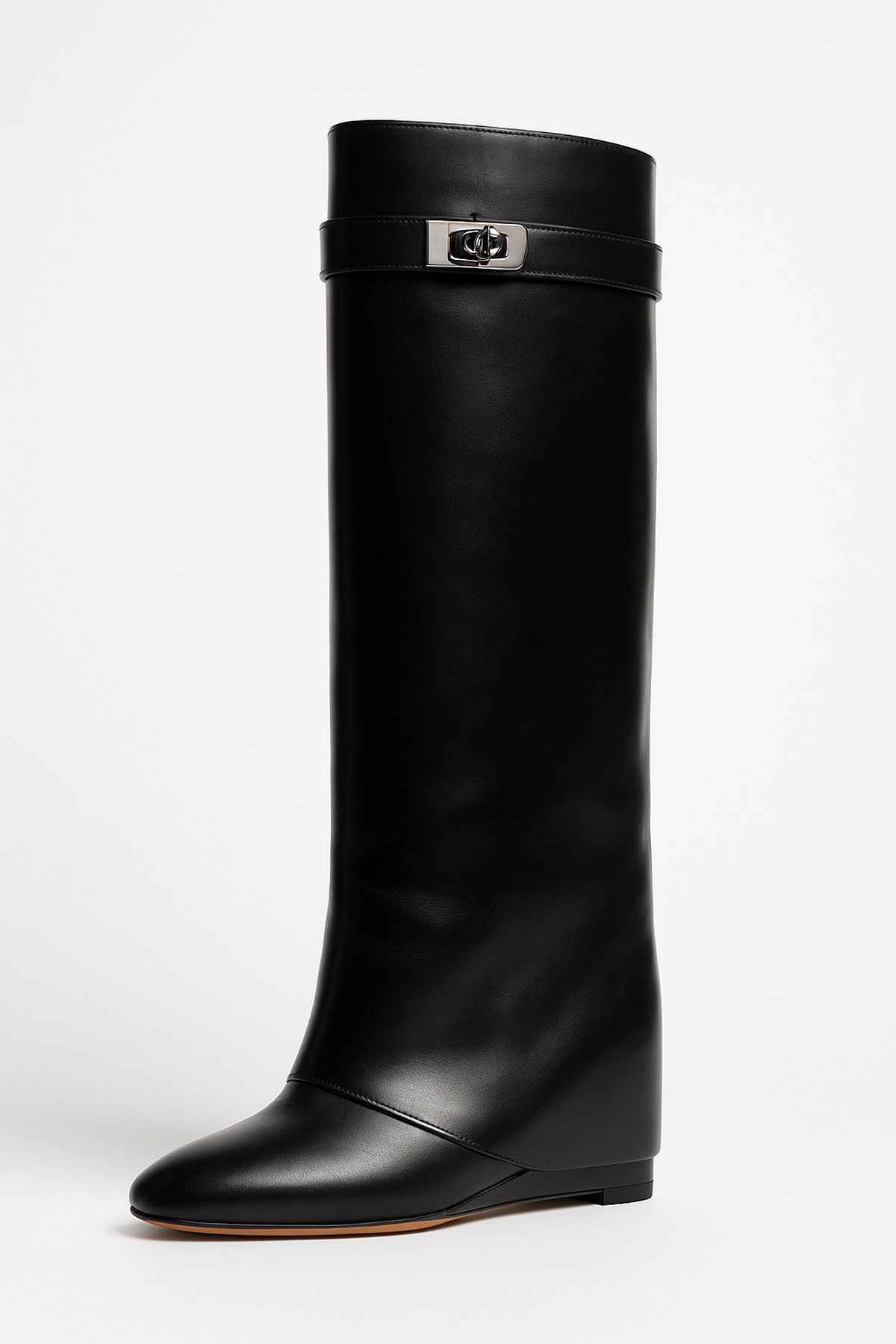Kniehohe Keilabsatz Stiefel - Schlichte Schnalle am Schaft
