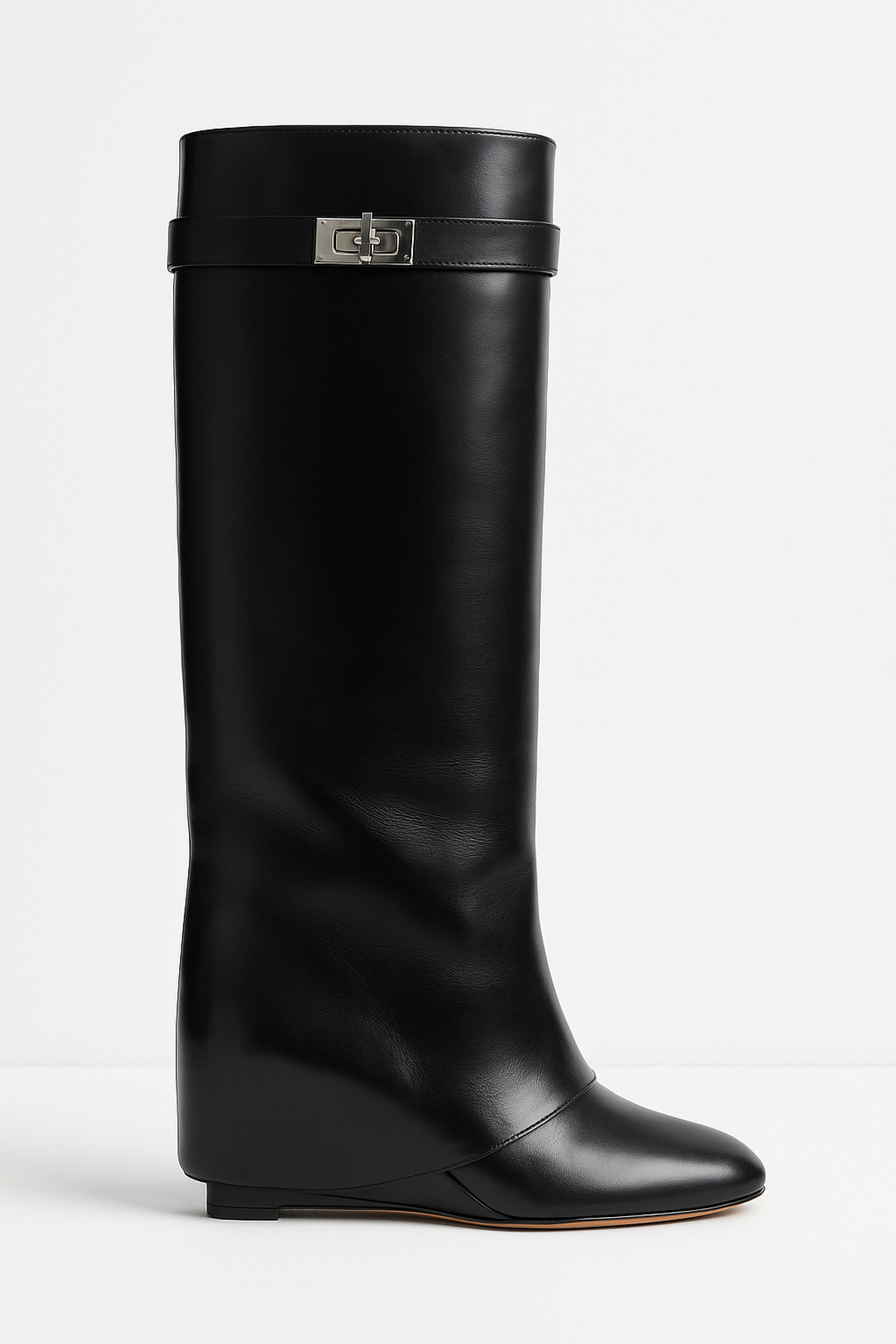Kniehohe Keilabsatz Stiefel - Schlichte Schnalle am Schaft
