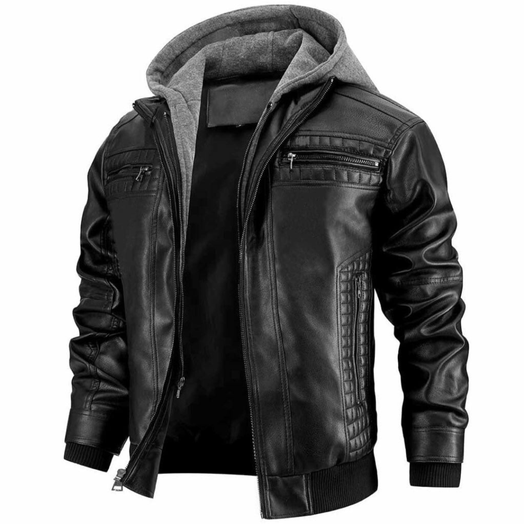 Biker Jacke Herren - Kurz mit Kapuze und Reißverschluss-Details