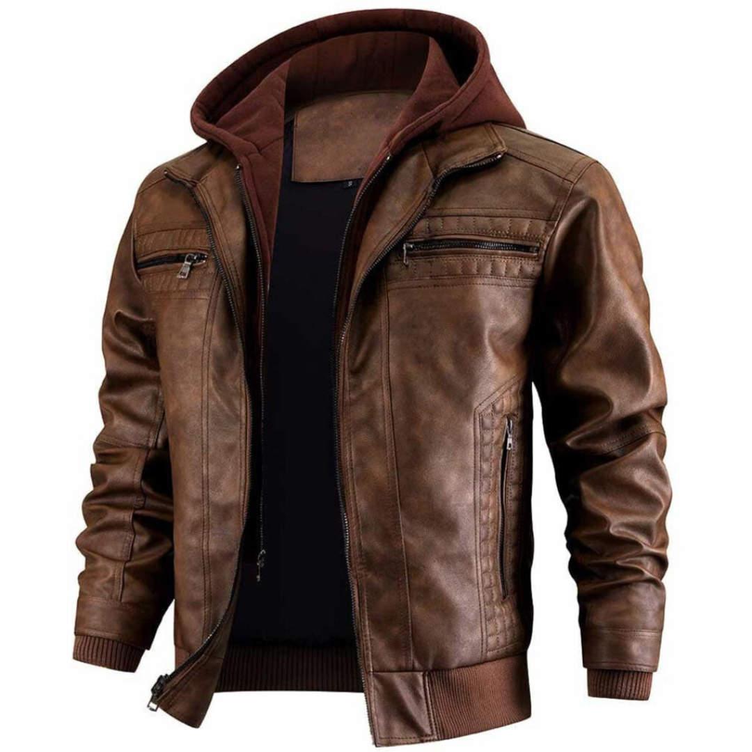 Biker Jacke Herren - Kurz mit Kapuze und Reißverschluss-Details