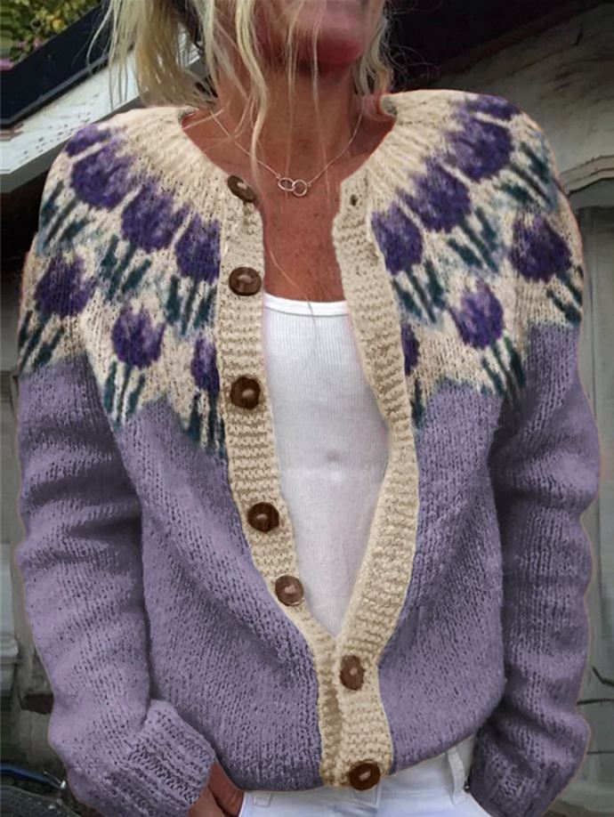 Strickjacke Mit Blumenmuster - Locker Geschnitten Mit Knopfleiste