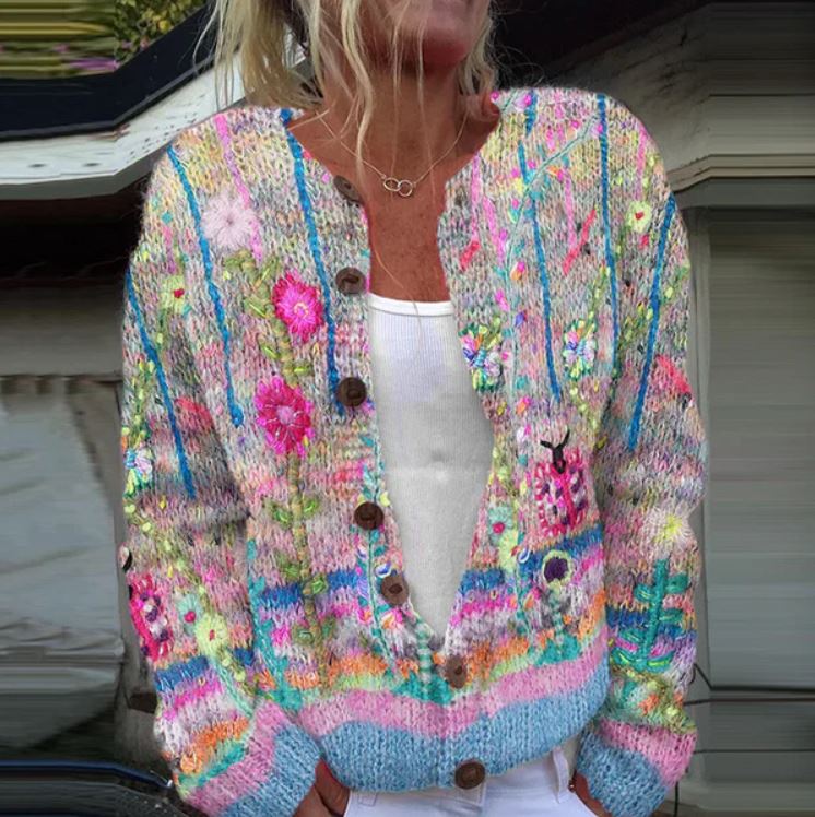 Strickjacke Mit Blumenmuster - Knopfleiste Und Lässiger Schnitt