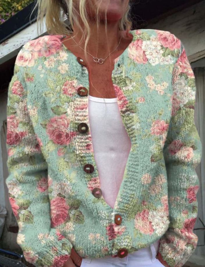 Strickjacke Mit Blumenmuster - Knopfleiste Und Lässiger Schnitt