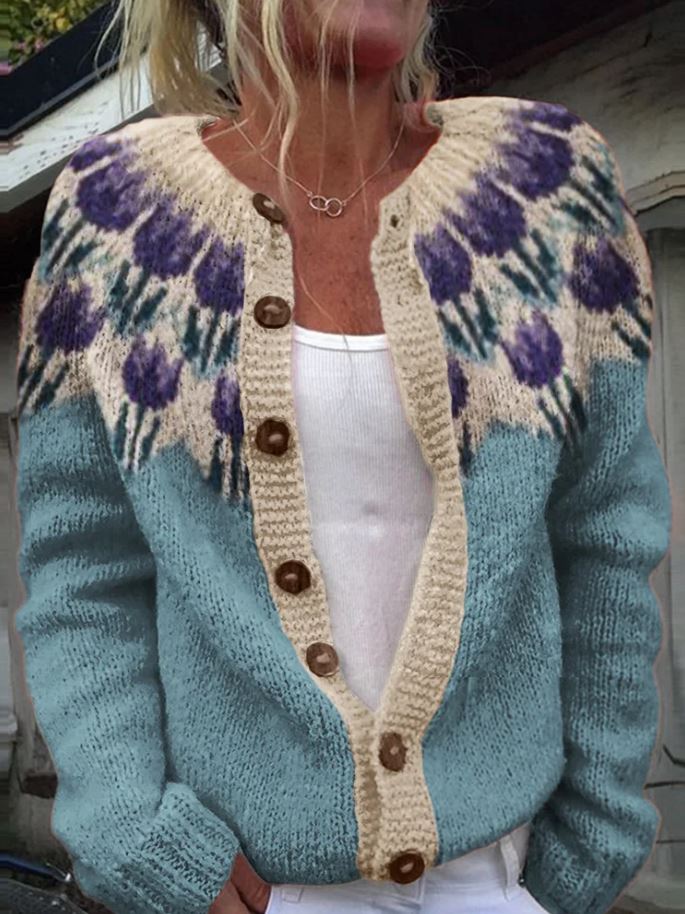 Strickjacke Mit Blumenmuster - Locker Geschnitten Mit Knopfleiste