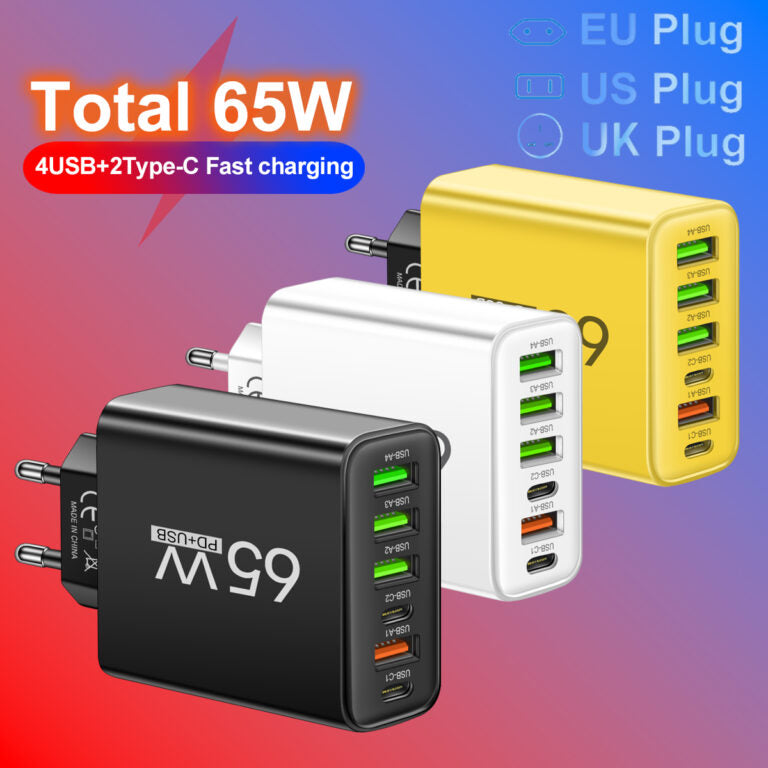 Schnellladegerät 65W | 6-in-1 Port USB Ladegerät für Mehrere Geräte