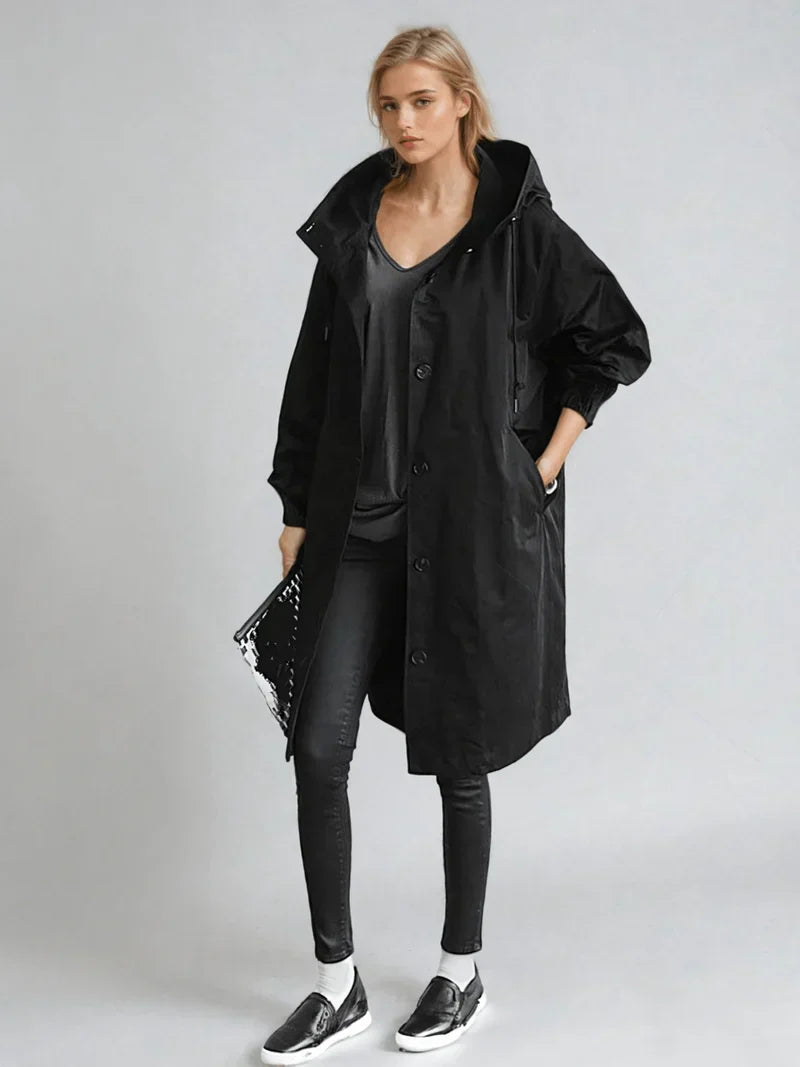 Übergangsjacke Mit Kapuze - Langer Schnitt Und Knopfleiste